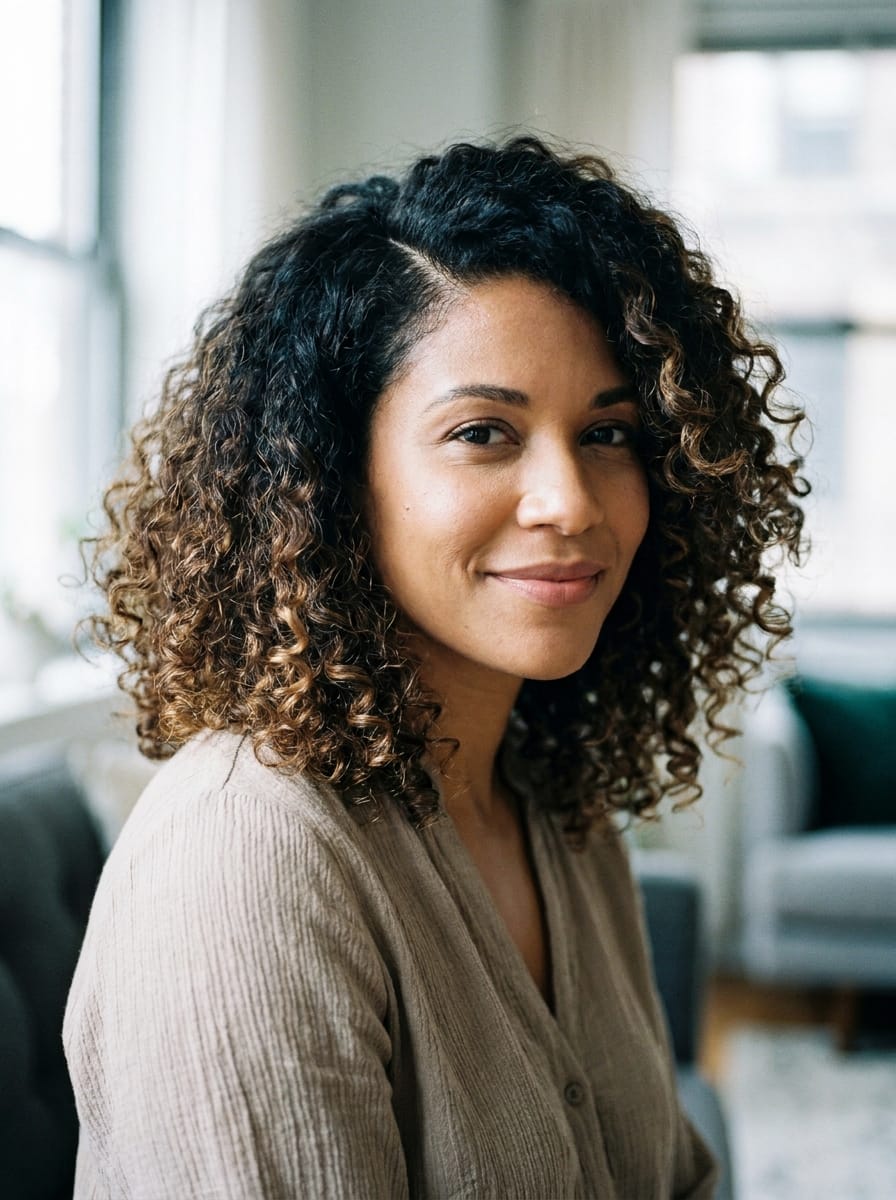 Voluminöser Curly Lob mit Seitenscheitel - Locken Frisur mittellang